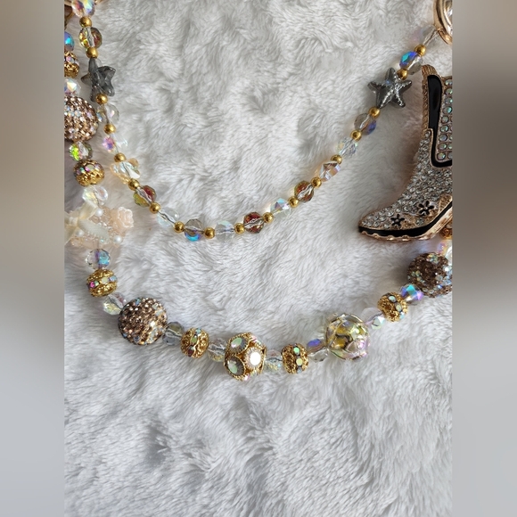 Gold and Brown Beaded Bag Charm Chain And Keychain Set Studded Boot Animal Print - Picture 5 of 16